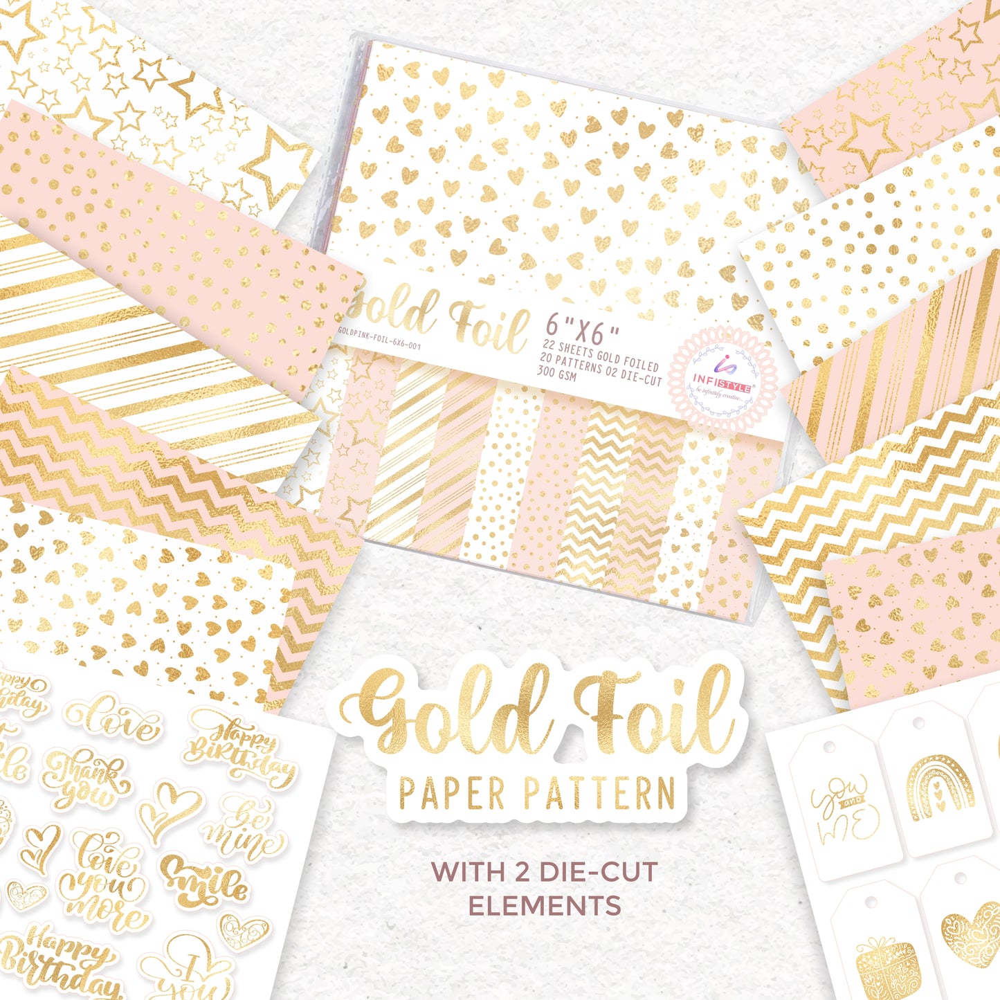 Pink Gold Foil Paper Pattern 22 Sheets 2 Die Cut Elements 300 Gsm