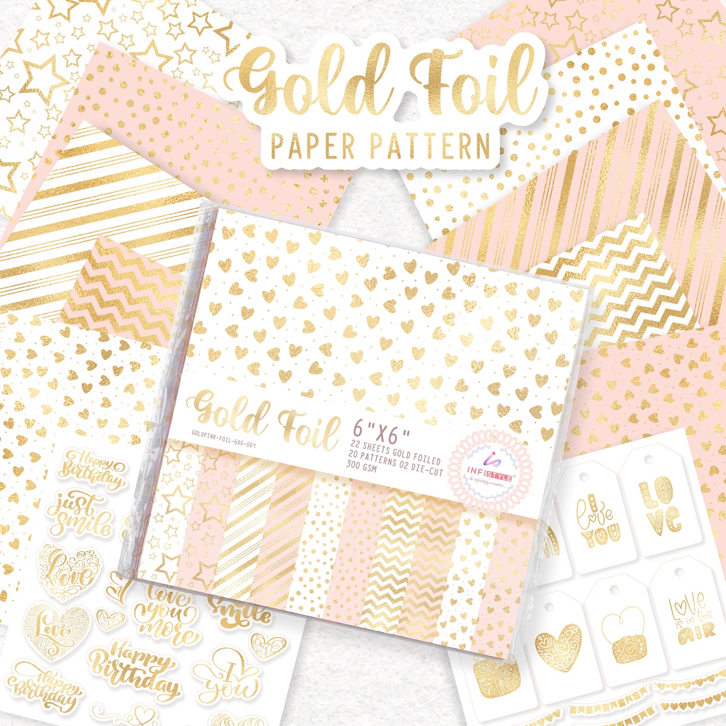Pink Gold Foil Paper Pattern 22 Sheets 2 Die Cut Elements 300 Gsm