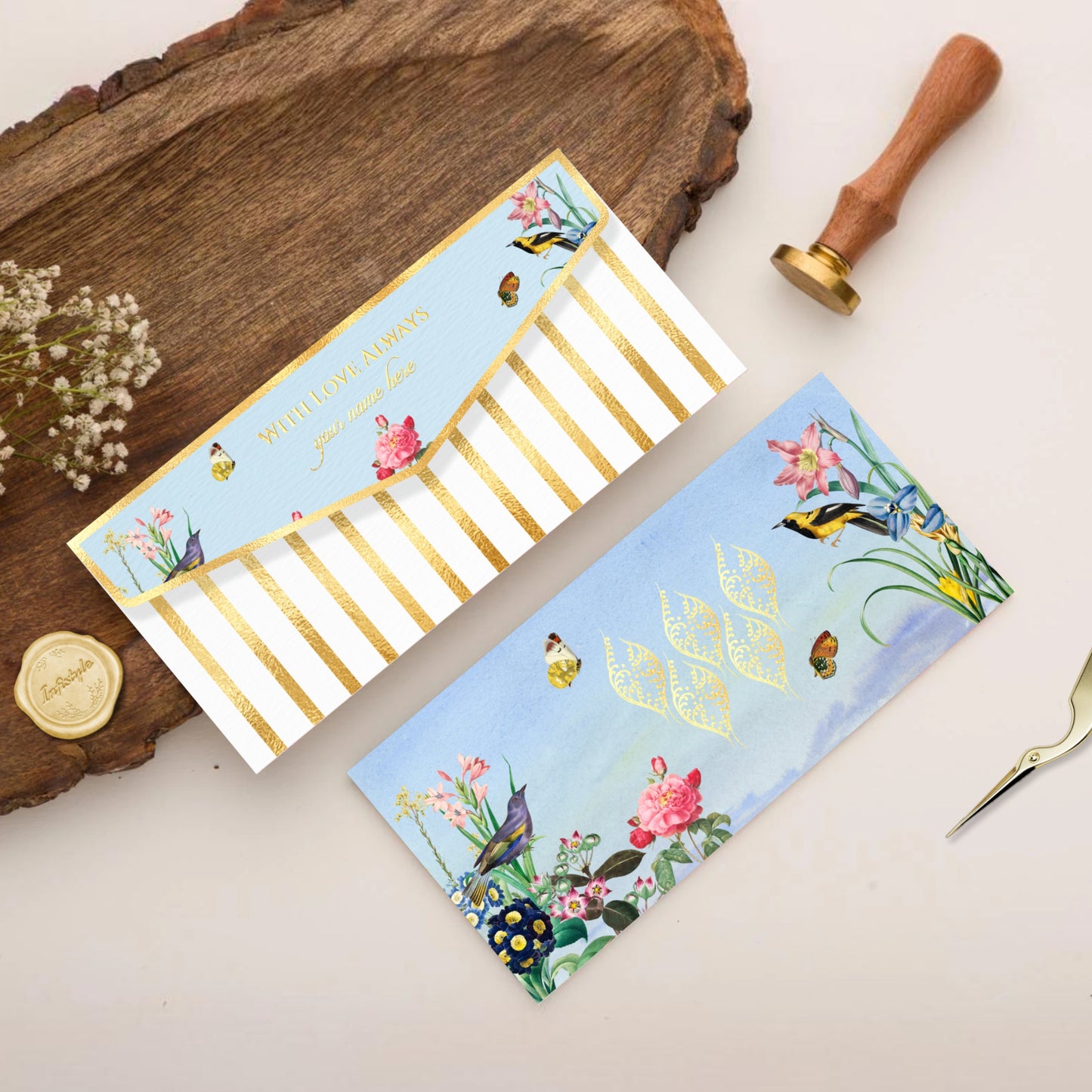 Sky Blue Floral Bird Design Envelope