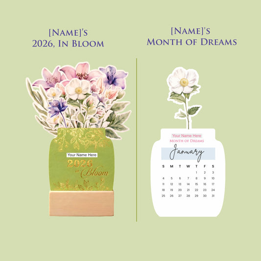 Customized 2026 Calendar for Desk – Floral Vase & Wooden Stand