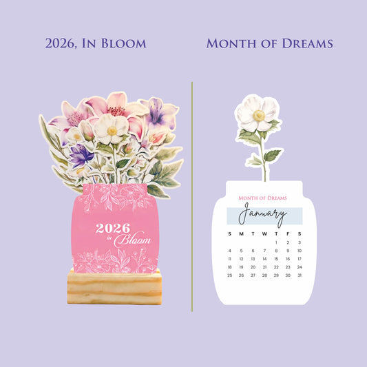 2026 Calendar for Desk – Floral Vase & Wooden Stand (Non-Customised)