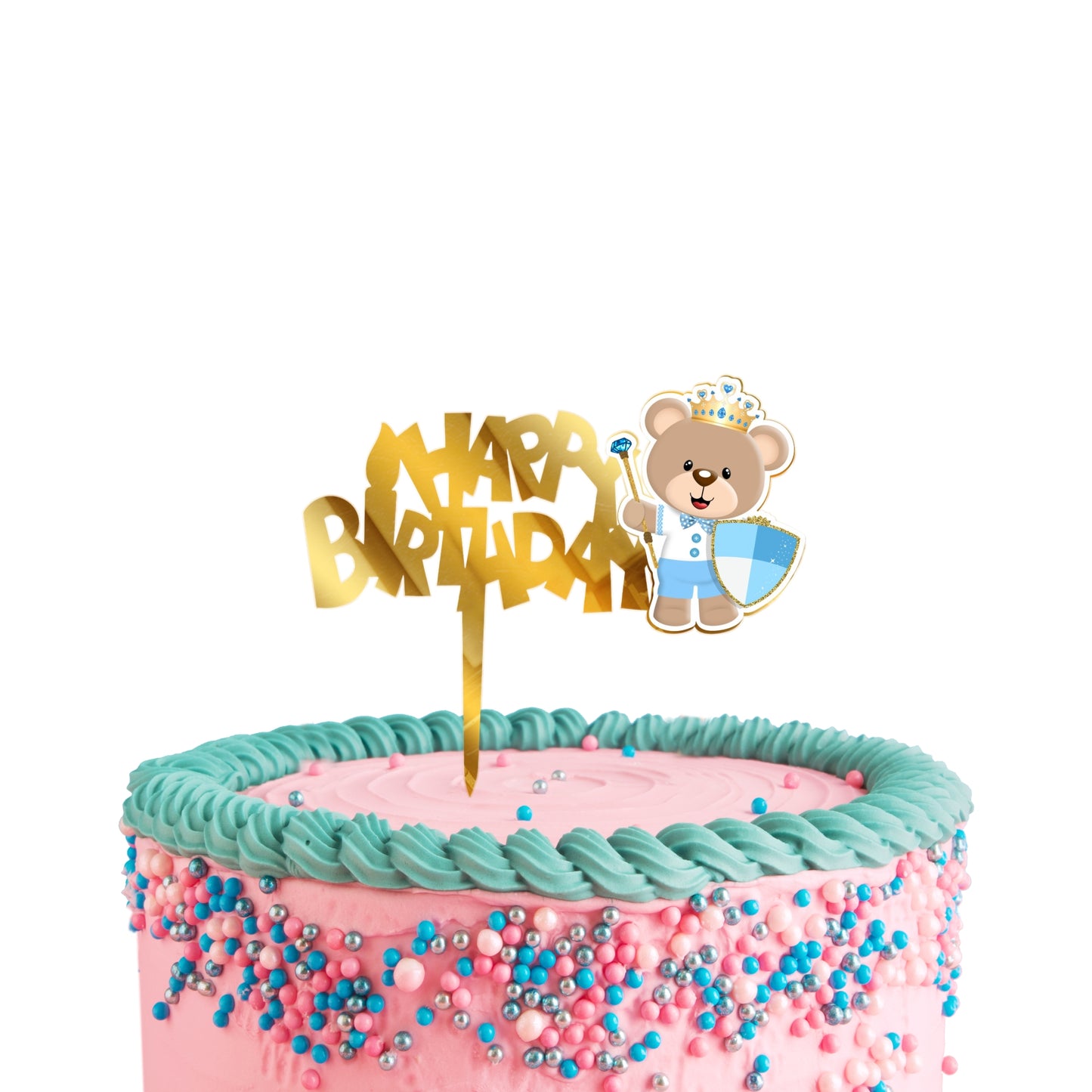Teddy Cake Topper Happy Birthday Gold