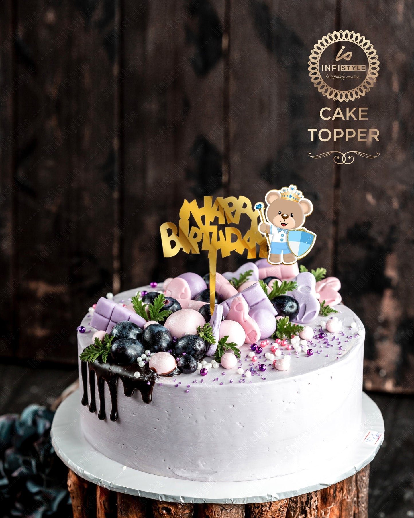 Teddy Cake Topper Happy Birthday Gold