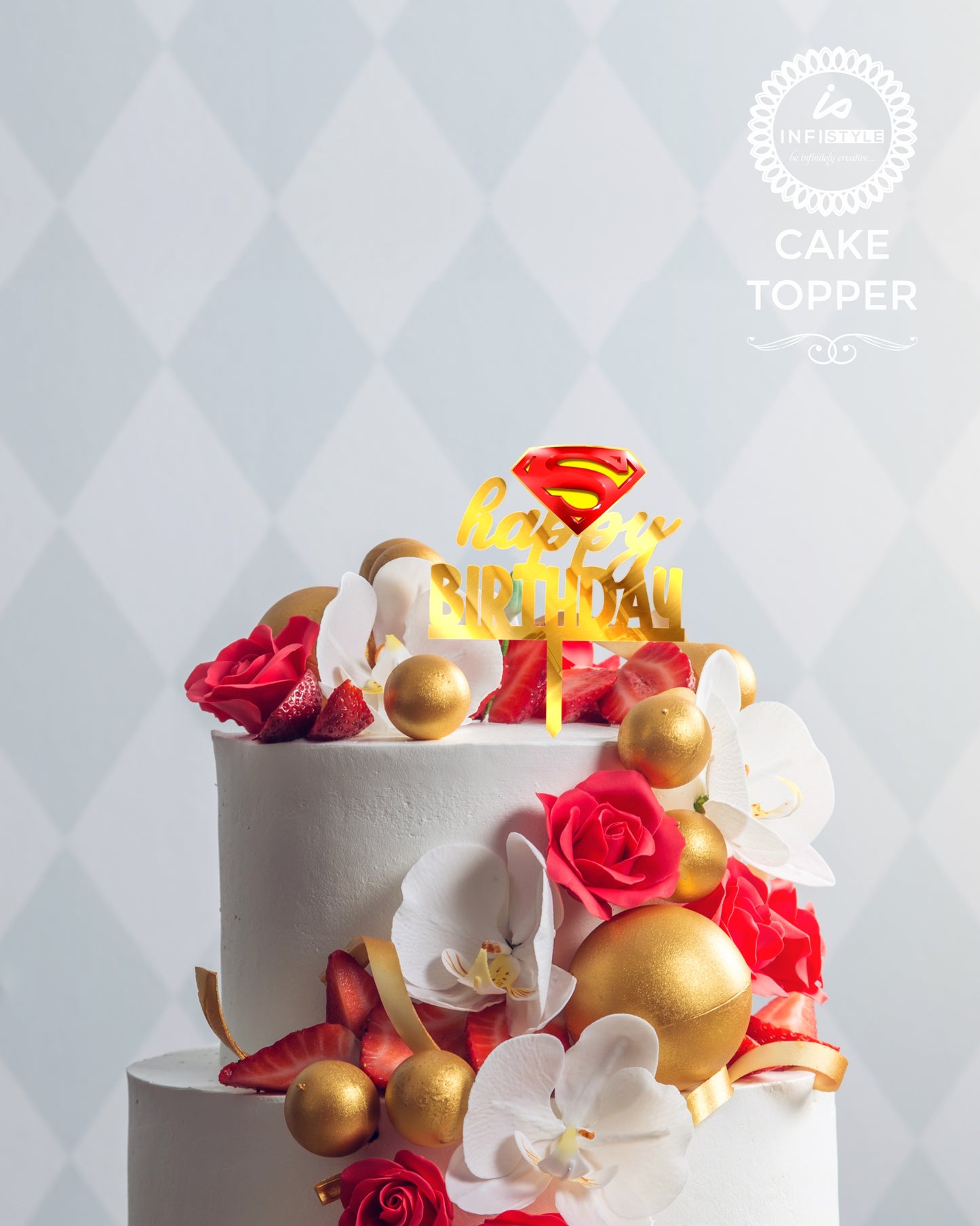Acrylic Gold Cake Topper Superman Theme