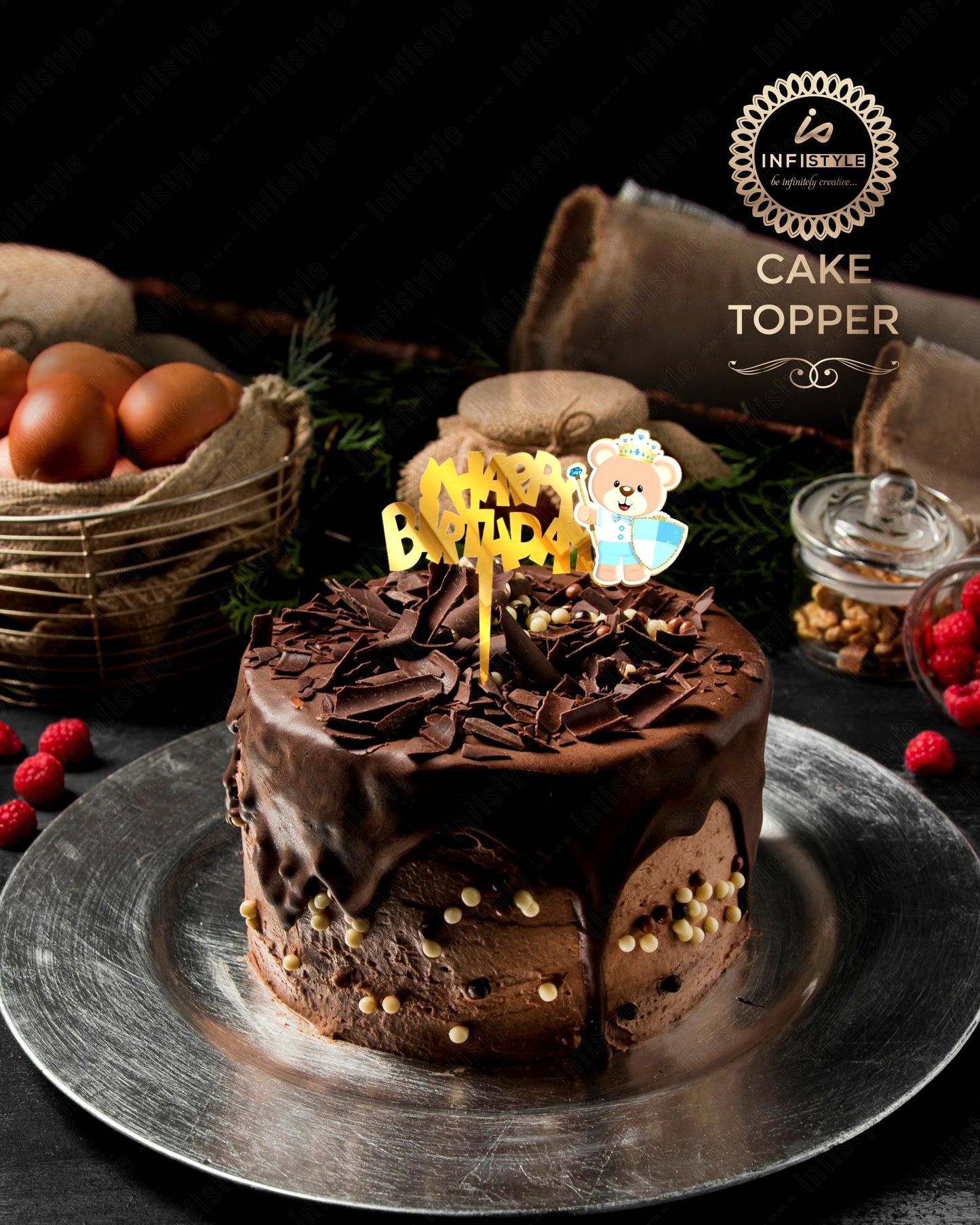 Teddy Cake Topper Happy Birthday Gold