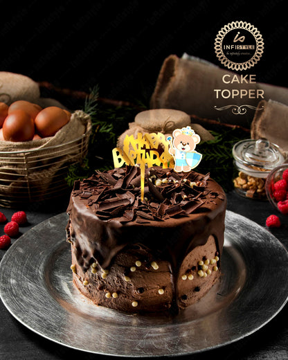 Teddy Cake Topper Happy Birthday Gold