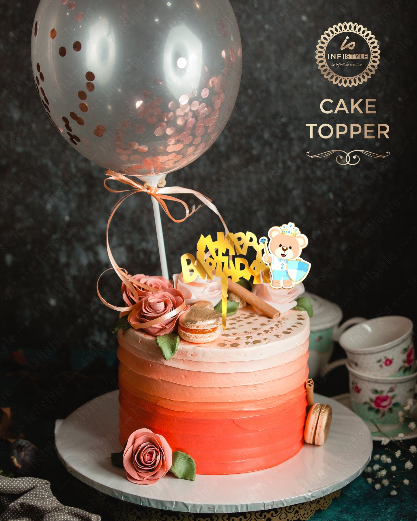 Teddy Cake Topper Happy Birthday Gold
