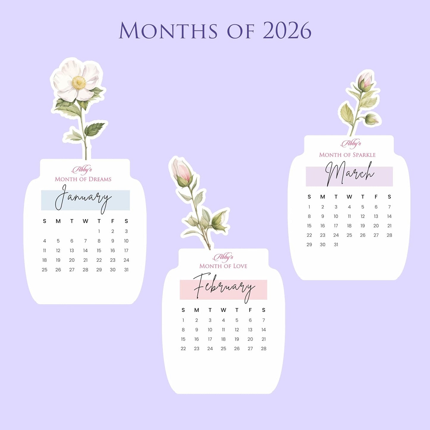 Customized 2026 Calendar for Desk – Floral Vase & Wooden Stand