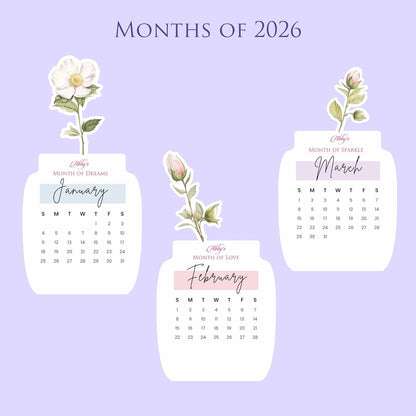 Customized 2026 Calendar for Desk – Floral Vase & Wooden Stand
