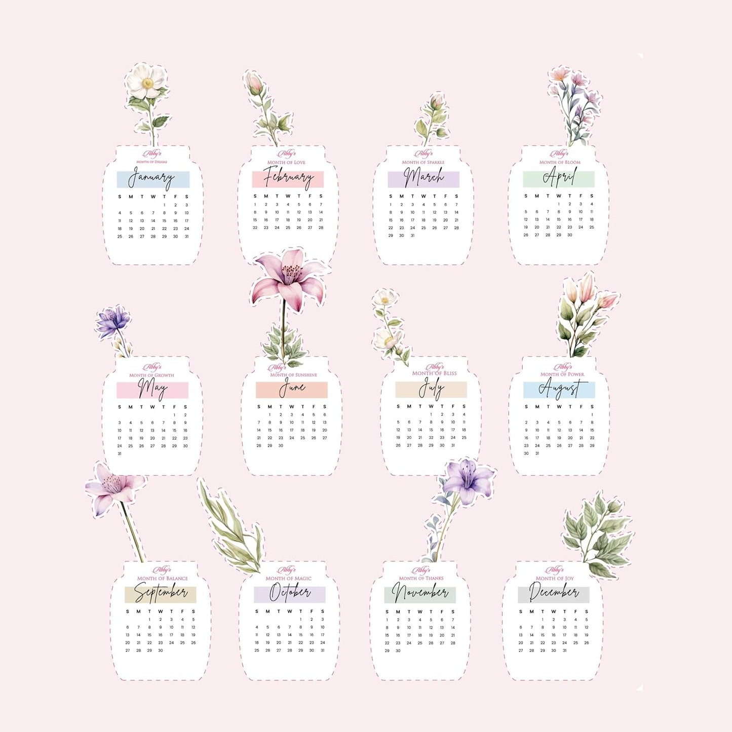 Customized 2026 Calendar for Desk – Floral Vase & Wooden Stand