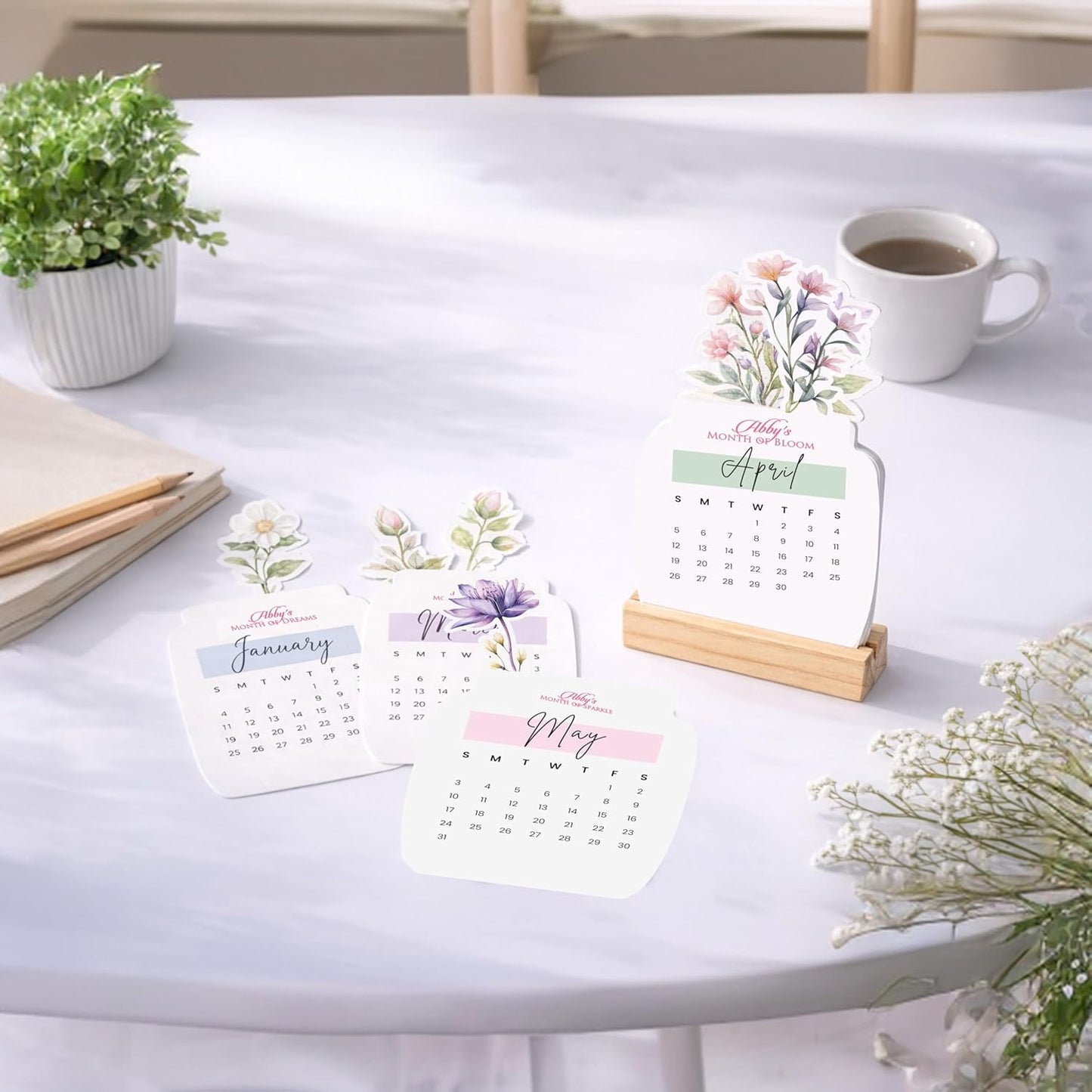 Customized 2026 Calendar for Desk – Floral Vase & Wooden Stand