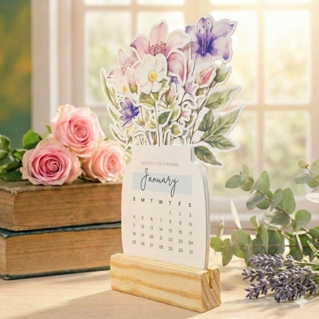 2027 Calendar for Desk – Floral Vase & Wooden Stand (Non-Customised)