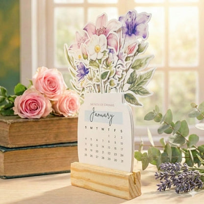 2027 Calendar for Desk – Floral Vase & Wooden Stand (Non-Customised)