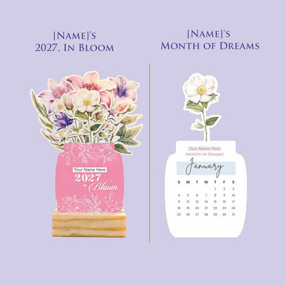 Customized 2027 Calendar for Desk – Floral Vase & Wooden Stand