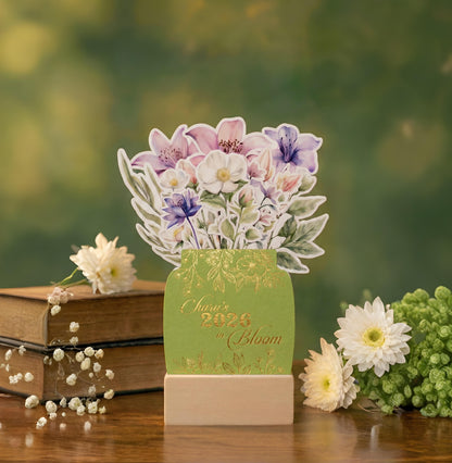 Customized 2026 Calendar for Desk – Floral Vase & Wooden Stand