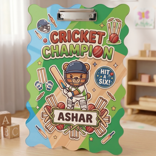 Customized Acrylic Exam Clipboard with Name | Personalized Name Examboard Cricket Theme
