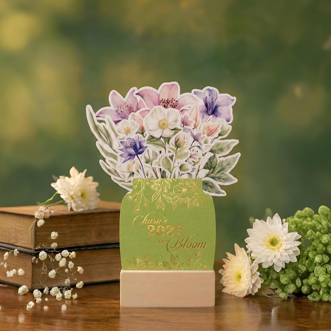 Customized 2027 Calendar for Desk – Floral Vase & Wooden Stand