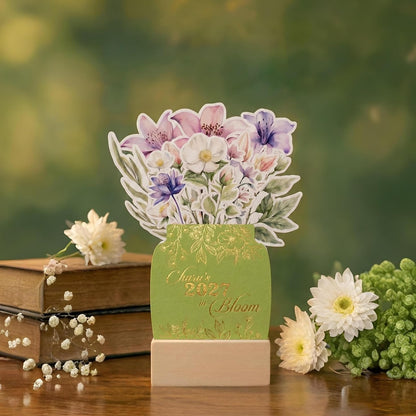 Customized 2027 Calendar for Desk – Floral Vase & Wooden Stand