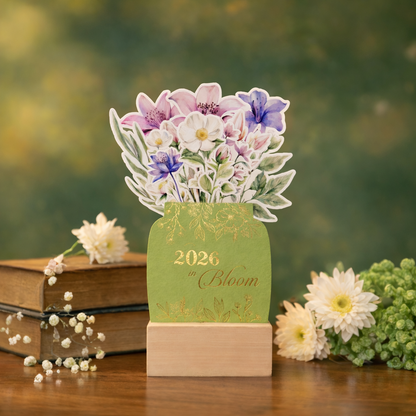 2026 Calendar for Desk – Floral Vase & Wooden Stand (Non-Customised)