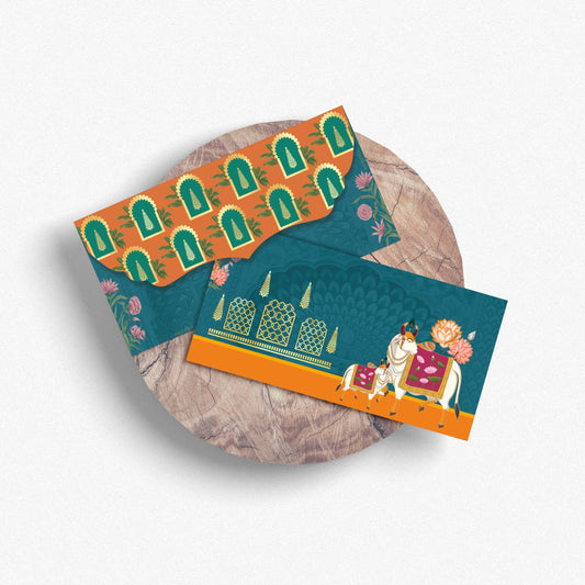 Teal Blue Pichwai Shagun Envelope | Sacred Cow & Lotus Blossoms