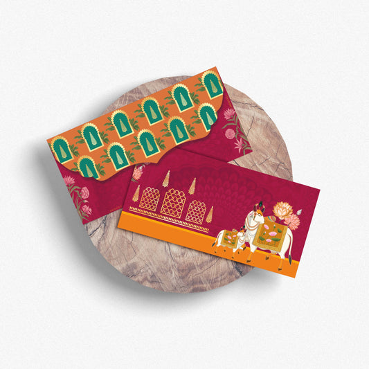 Vibrant Maroon & Orange Pichwai Shagun Envelope | Featuring Sacred Cow & Lotus