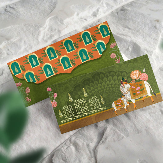Traditional Green Pichwai Shagun Envelope | Sacred Cow & Lotus Motif