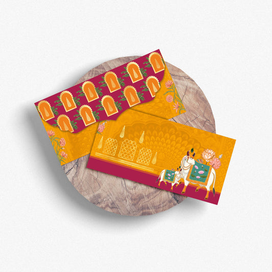 Pichwai Style Yellow Shagun Envelope | Sacred Cow & Temple Design