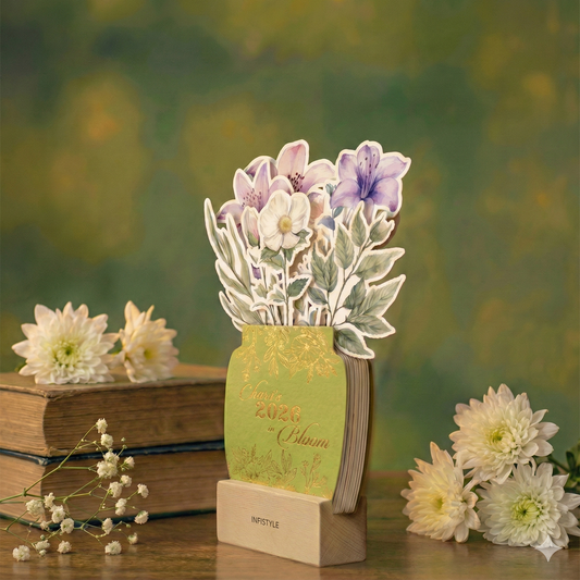 Customized 2026 Calendar for Desk – Floral Vase & Wooden Stand