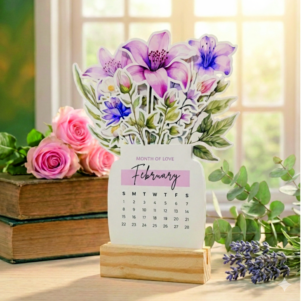 2026 Calendar for Desk – Floral Vase & Wooden Stand (Non-Customised)