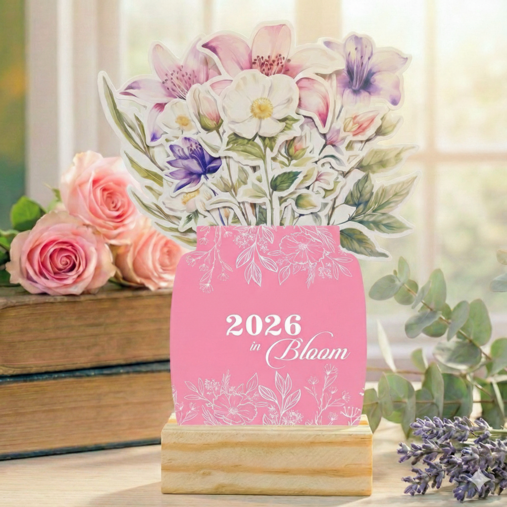 2026 Calendar for Desk – Floral Vase & Wooden Stand (Non-Customised)