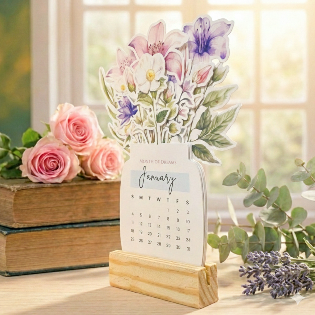 2026 Calendar for Desk – Floral Vase & Wooden Stand (Non-Customised)