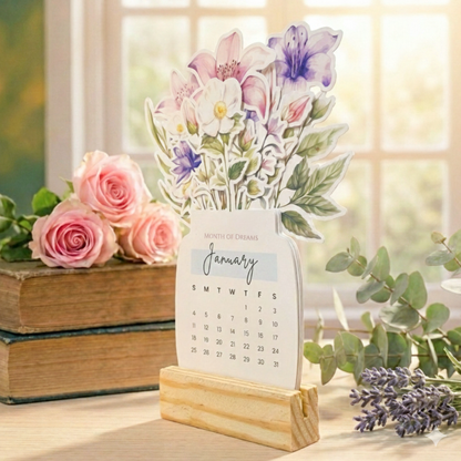 2026 Calendar for Desk – Floral Vase & Wooden Stand (Non-Customised)