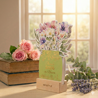 Customized 2026 Calendar for Desk – Floral Vase & Wooden Stand