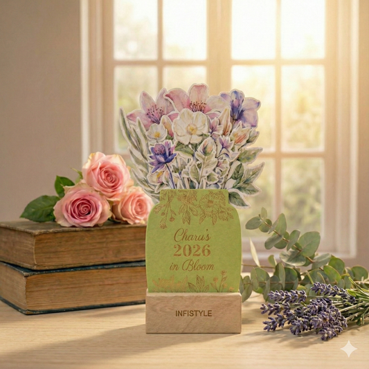 Customized 2026 Calendar for Desk – Floral Vase & Wooden Stand