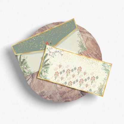 Ivory Shagun Envelope with Botanical Design & Gold Highlights