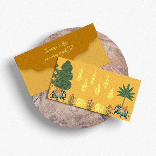 Royal Yellow Shagun Envelope with Elephant Motif & Gold Foil