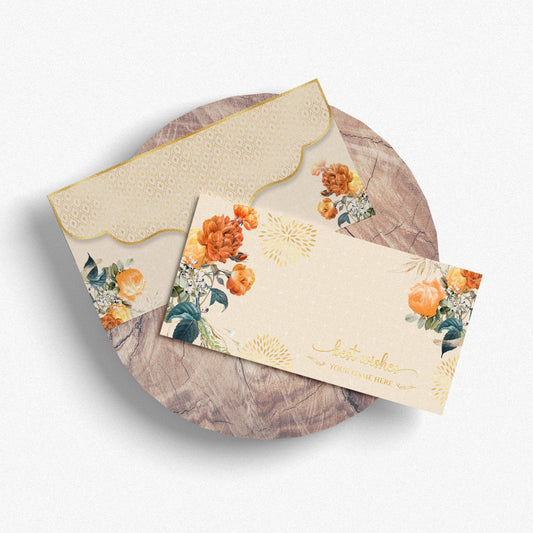 Beige Floral Shagun Envelope with Best Wishes & Vibrant Orange Flowers