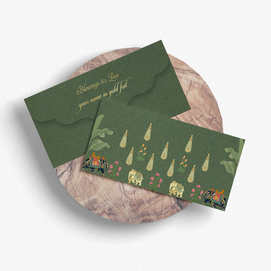 Custom Green Shagun Envelope | Royal Elephant Motif & Gold Foil Name