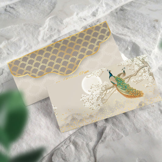 Peacock Shagun Envelope in Beige with Gold Foil & Moonlit Elegance