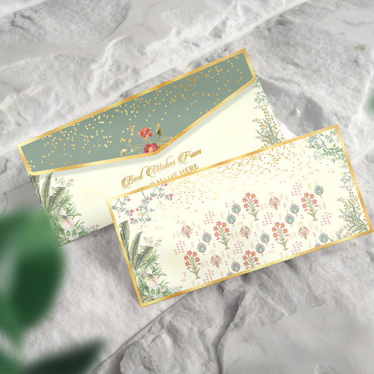 Ivory Shagun Envelope with Botanical Design & Gold Highlights