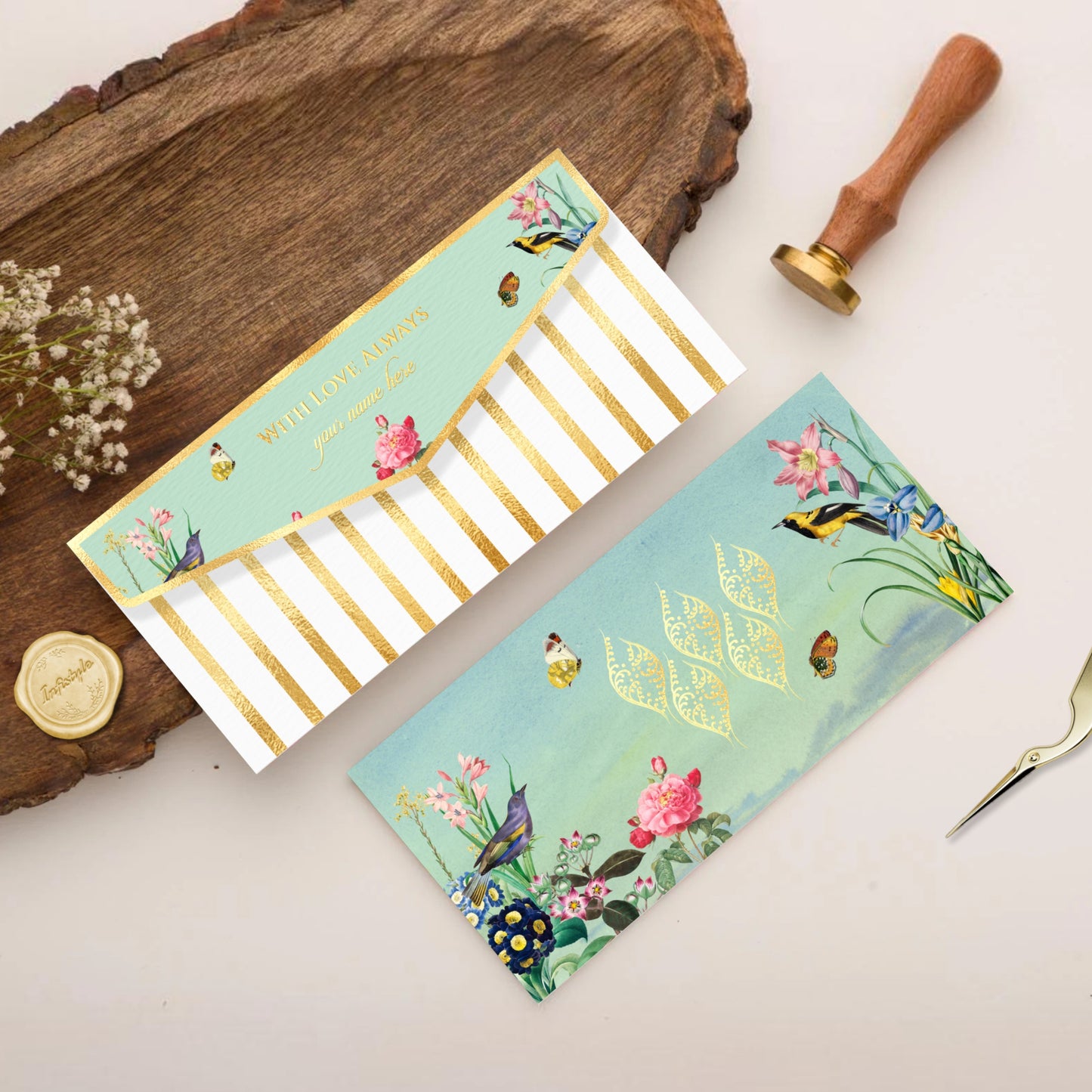 Mint Green Floral Bird Design Envelope