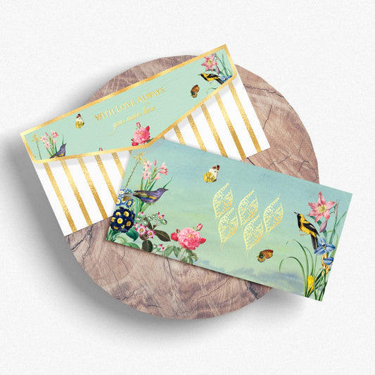 Mint Green Shagun Envelope with Floral & Bird Design