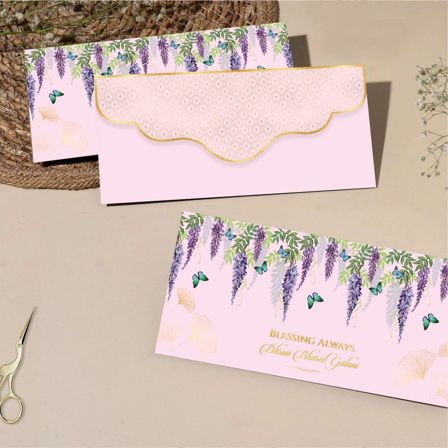 Pink Wisteria Gold Foil Shagun Envelope