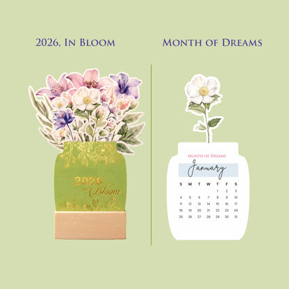 2026 Calendar for Desk – Floral Vase & Wooden Stand (Non-Customised)