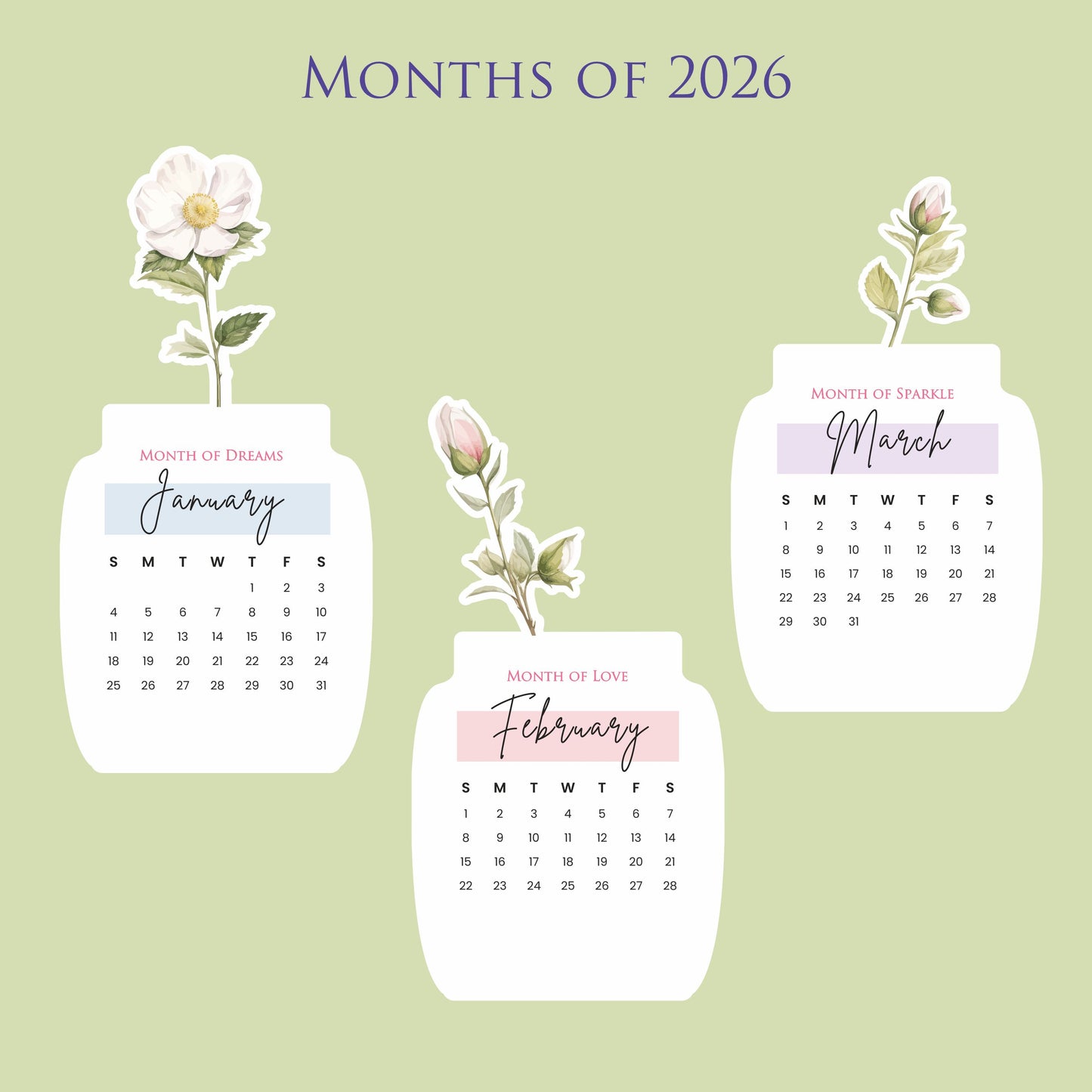 2026 Calendar for Desk – Floral Vase & Wooden Stand (Non-Customised)