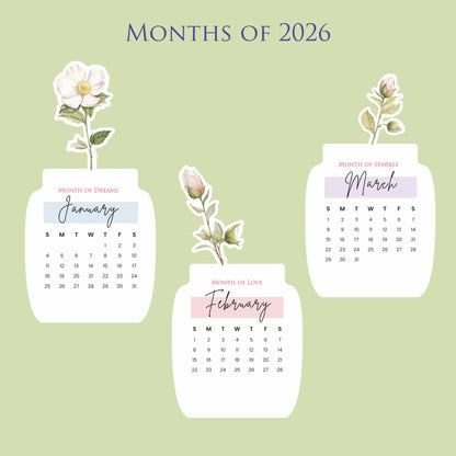 2026 Calendar for Desk – Floral Vase & Wooden Stand (Non-Customised)