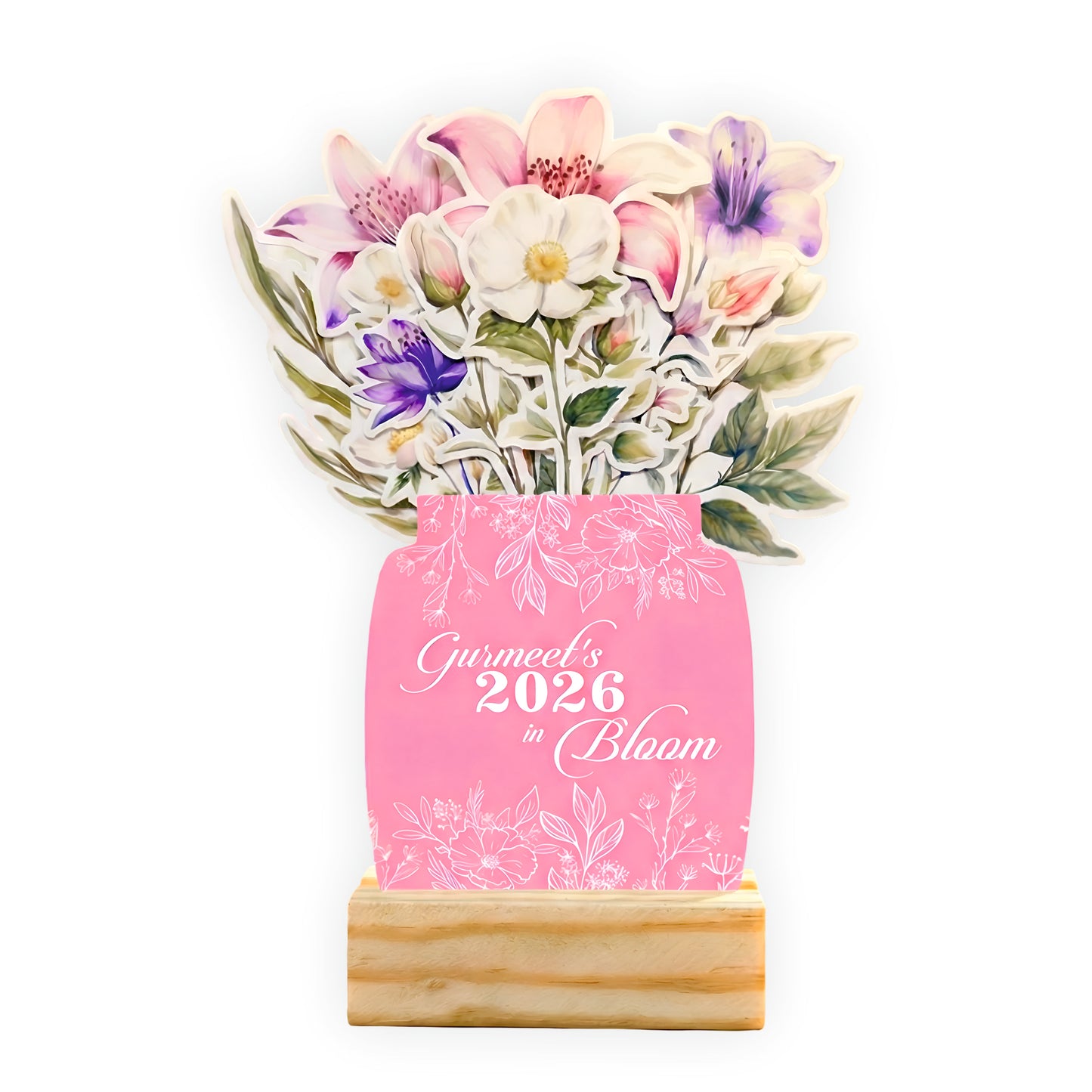 Customized 2026 Calendar for Desk – Floral Vase & Wooden Stand