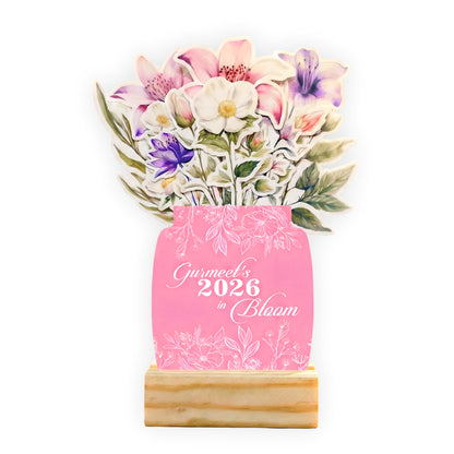 Customized 2026 Calendar for Desk – Floral Vase & Wooden Stand