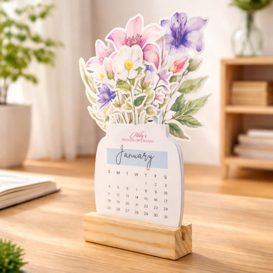 Customized 2026 Calendar for Desk – Floral Vase & Wooden Stand