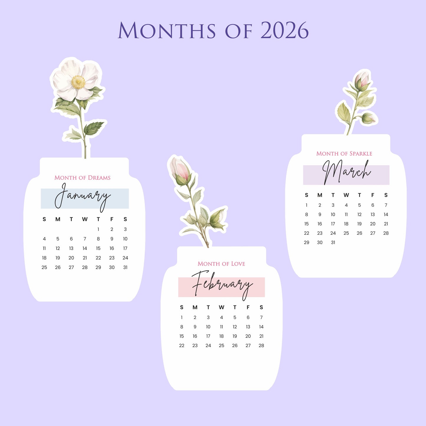 2026 Calendar for Desk – Floral Vase & Wooden Stand (Non-Customised)